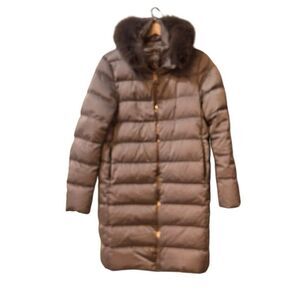 Herno Satin A shape down coat jacket fox fur 46/ medium length beige